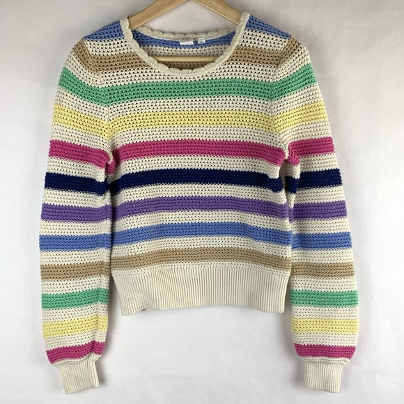 GAP Sweaters - GAP Womens Rainbow Crochet Sweater Size Small Pride Open Knit Cotton Twee